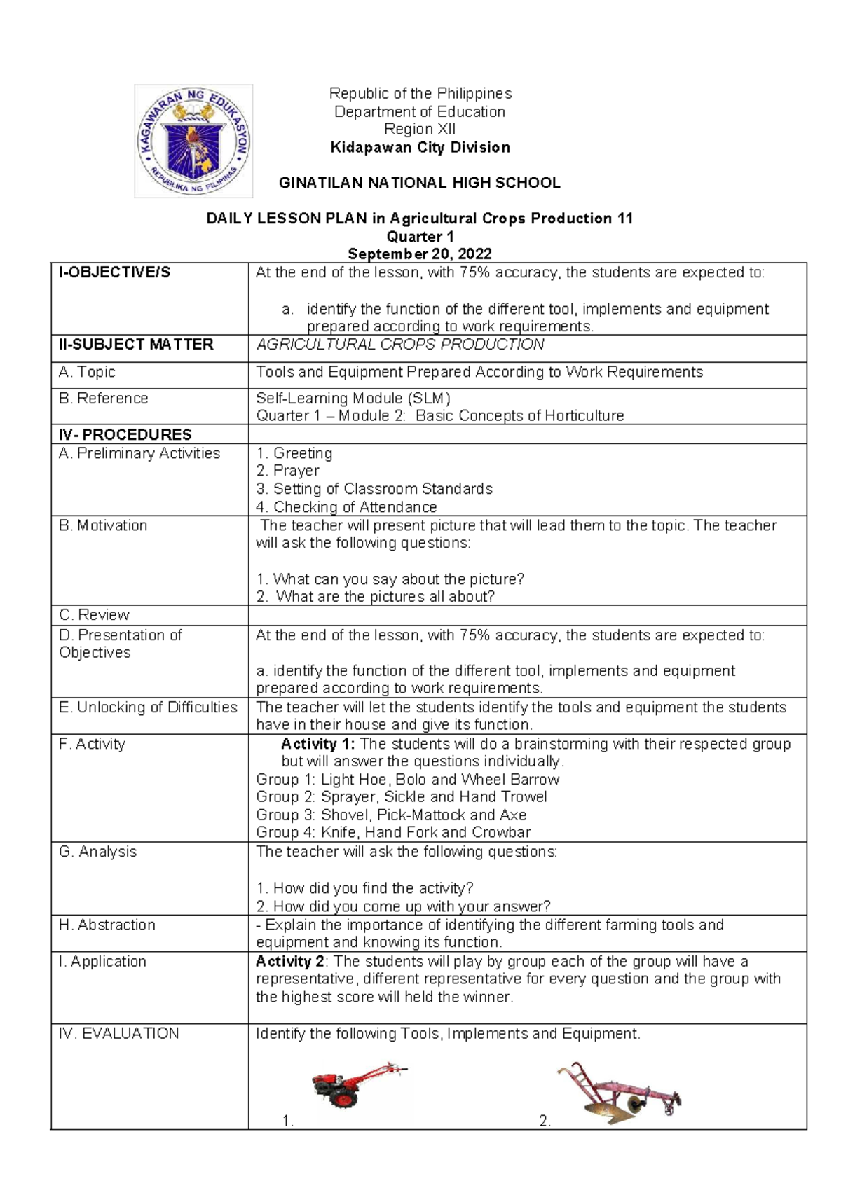 Agri-11-D5: Daily Lesson Plan on Tools & Equipment in Crop Production ...