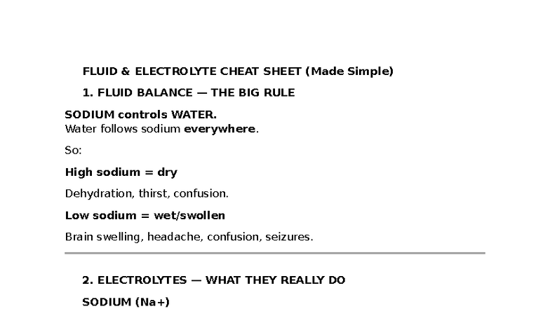 FLUID & ELECTROLYTE CHEAT SHEET (Nursing Study Guide) - Studocu