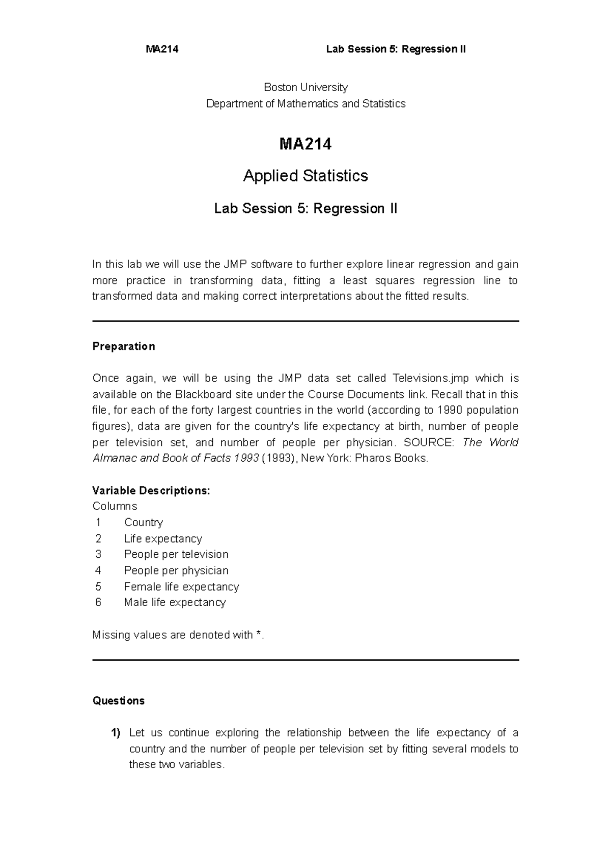 MA Applied Statistics Lab 5: Linear Regression Techniques - Studocu