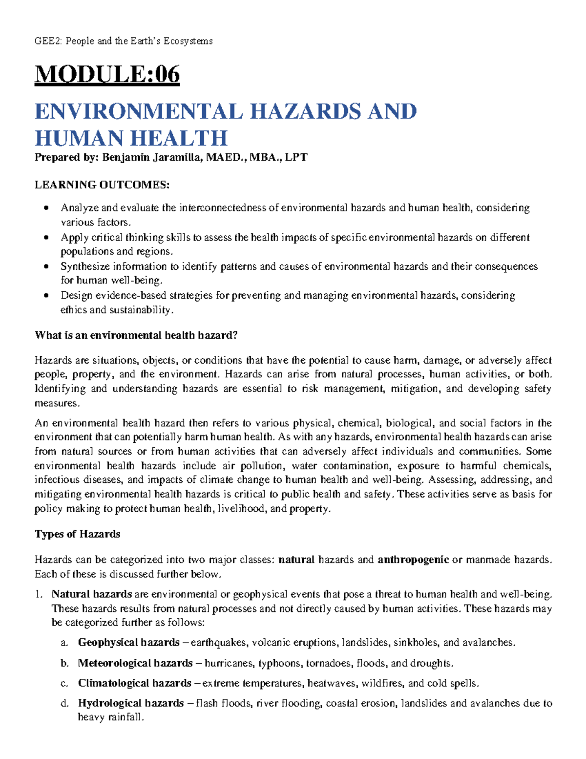 Module 6: Environmental Hazards & Their Impact on Human Health - Studocu
