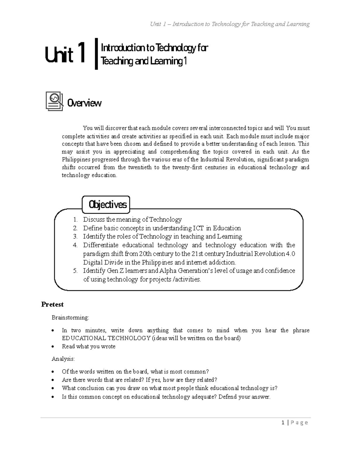 PROF ED 4 UNIT 1 - This leture is for some information - Overview You ...