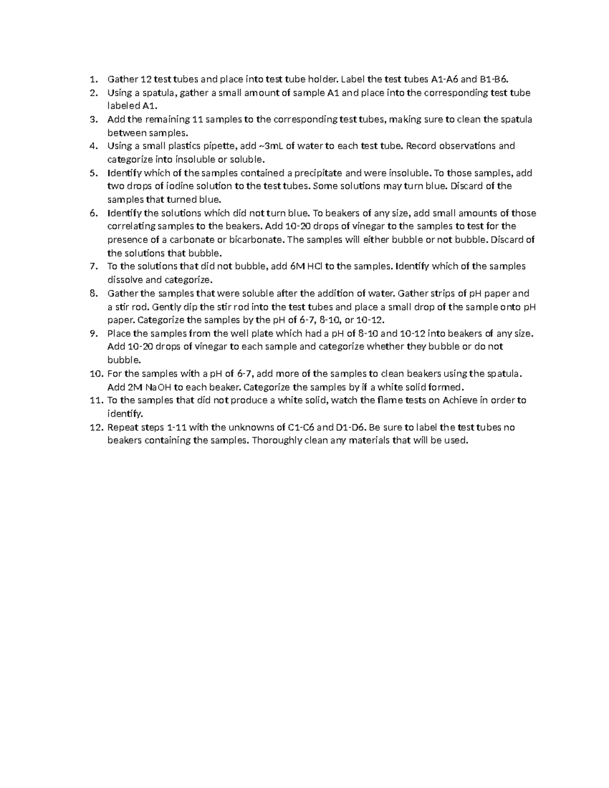 CHE113 Experiment 18: Sample Testing and Categorization Procedure - Studocu