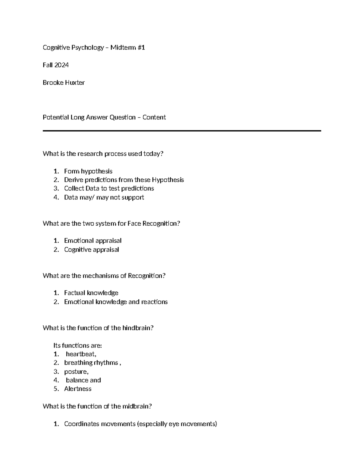 Cognitive Psychology - Long Answer Questions for Midterm 1 (Fall 2024 ...