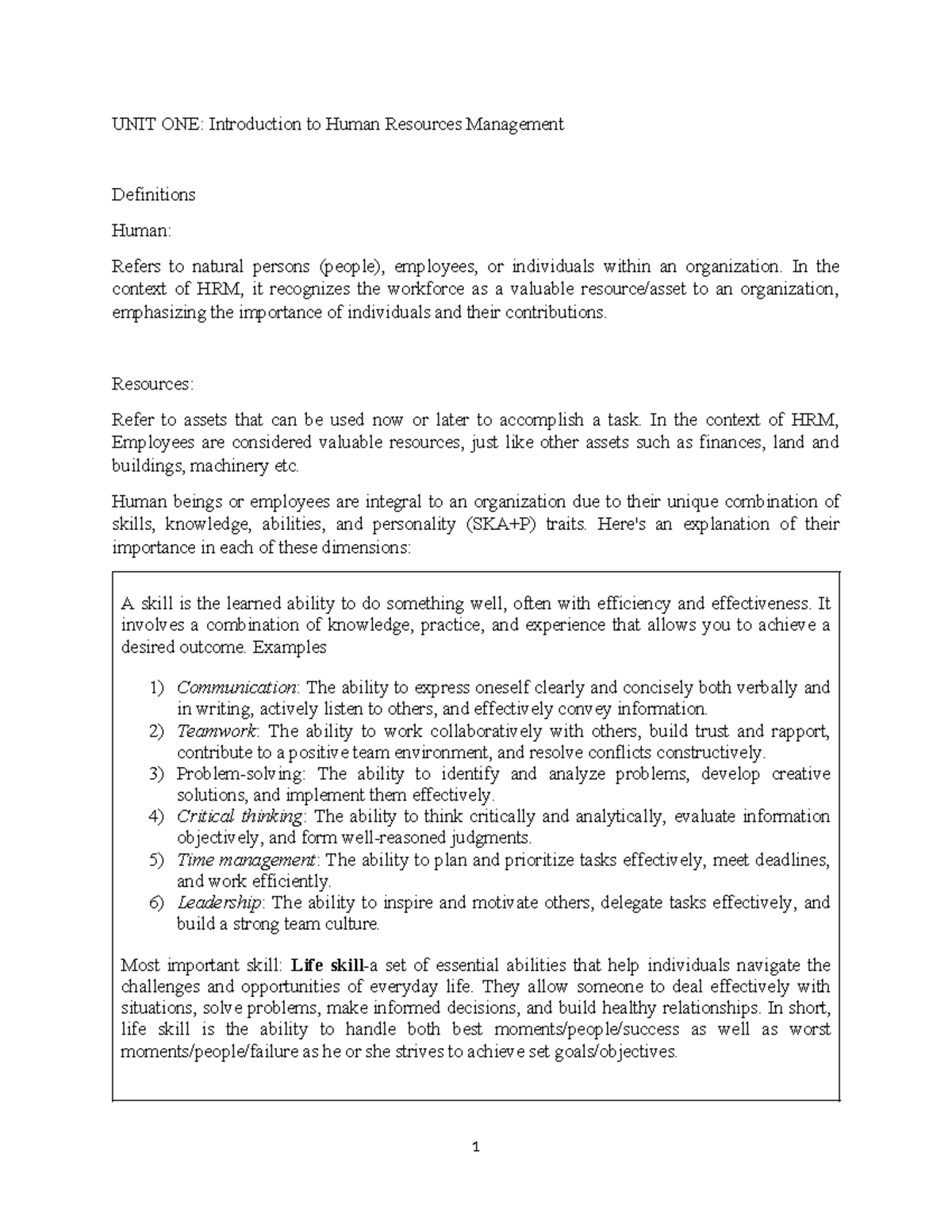 UNIT ONE: Intro to HRM - Key Concepts and Definitions - Studocu