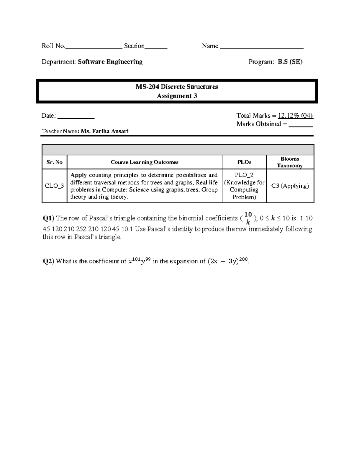 MS-204 Discrete Structures A3 - Discrete Math Assignment - Studocu