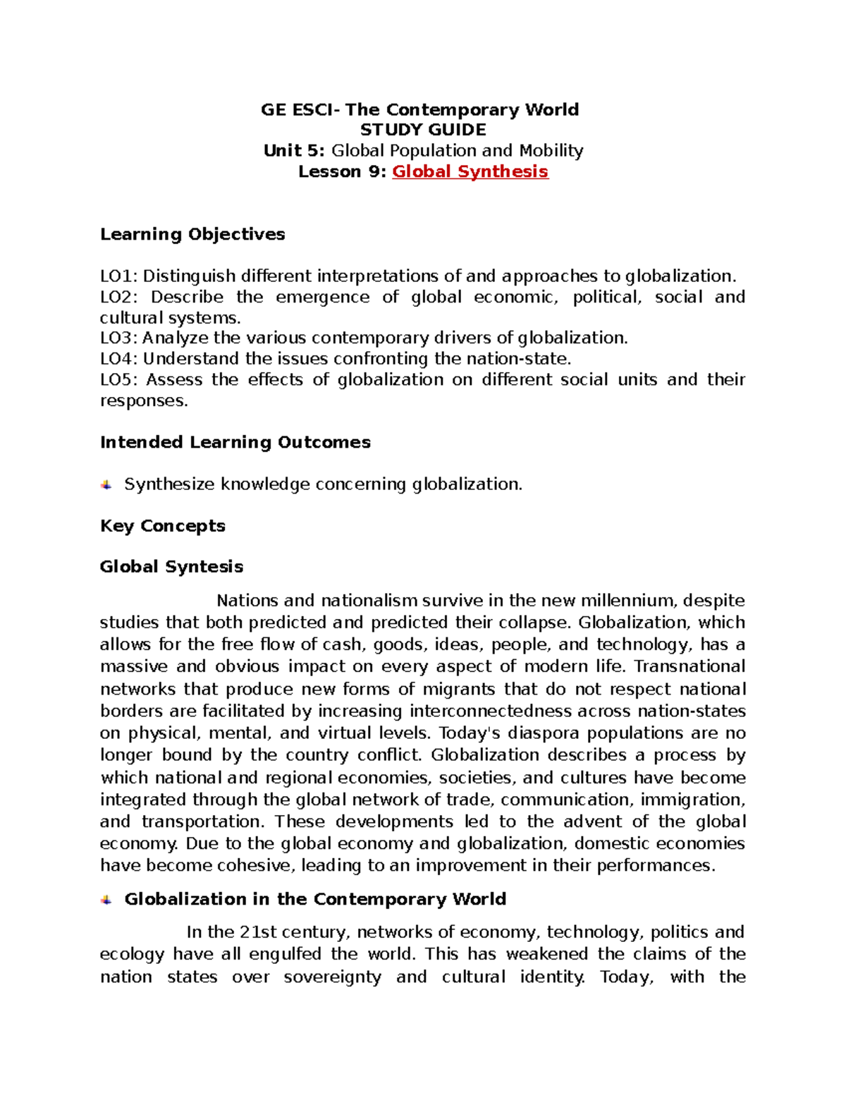 GE The Contemporary World Lesson 9: Global Synthesis Study Guide - Studocu