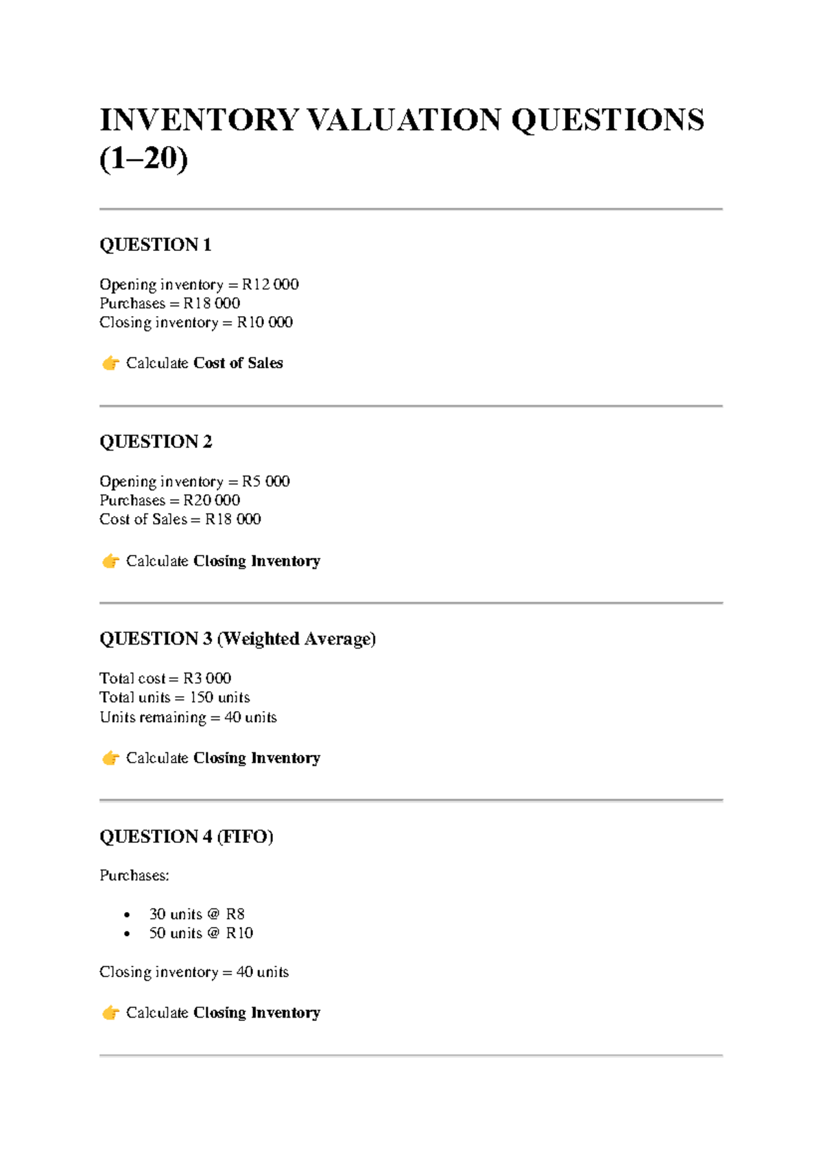 Inventory Valuation Questions: Cost of Sales & Closing Inventory ...
