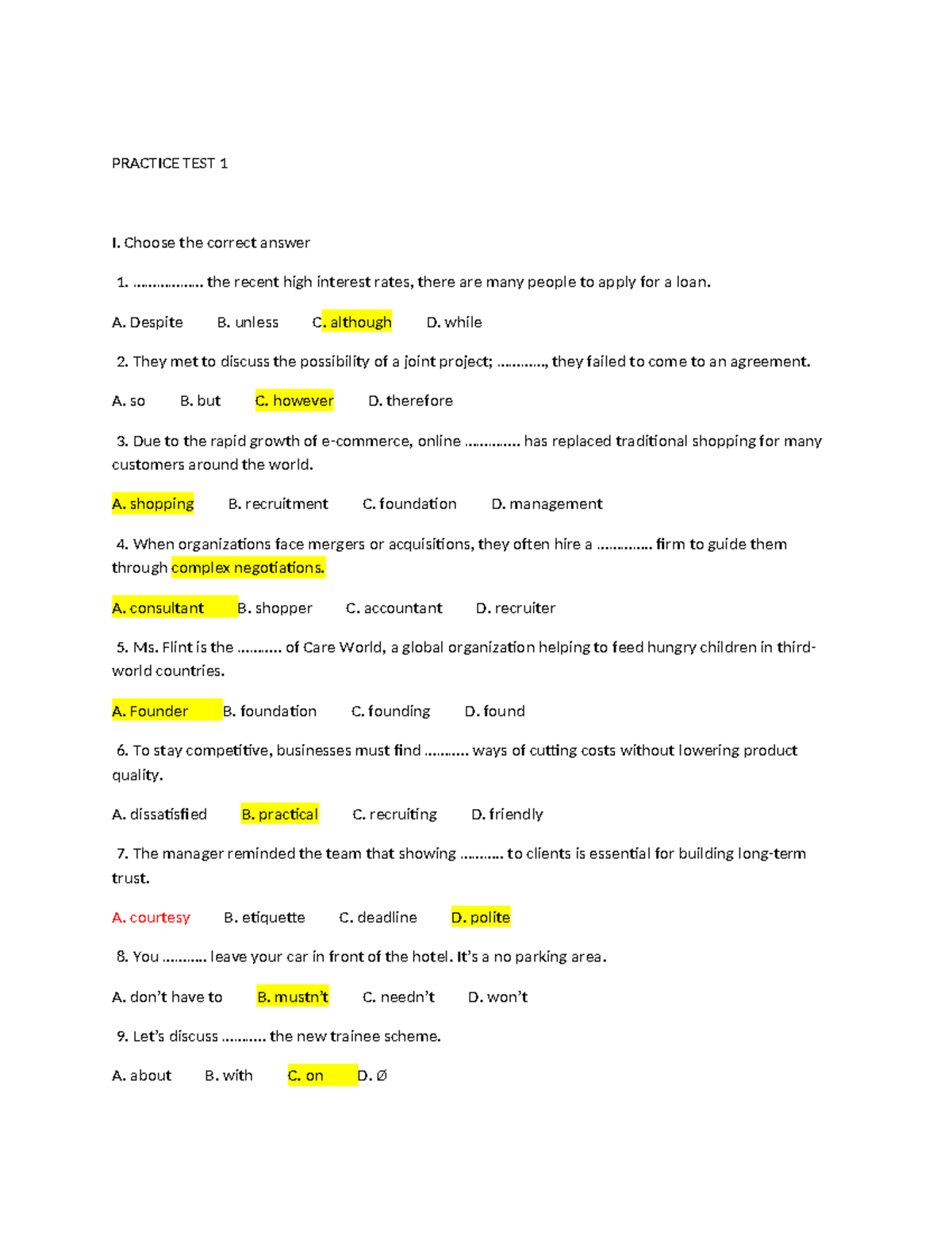 Practice Test 1: Business English Skills Assessment - Studocu