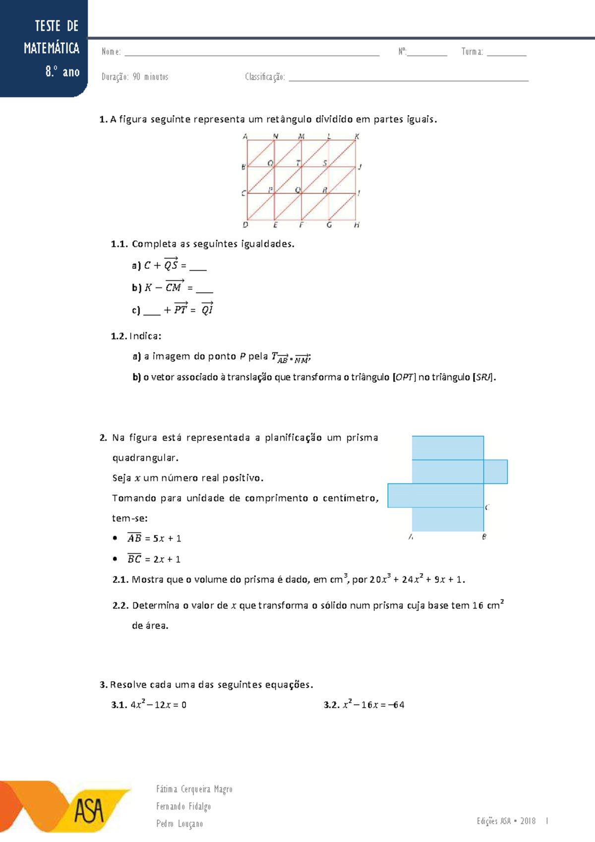 Teste de Matemática 8.º ano - Questões e Respostas do Teste 5 3P - Studocu
