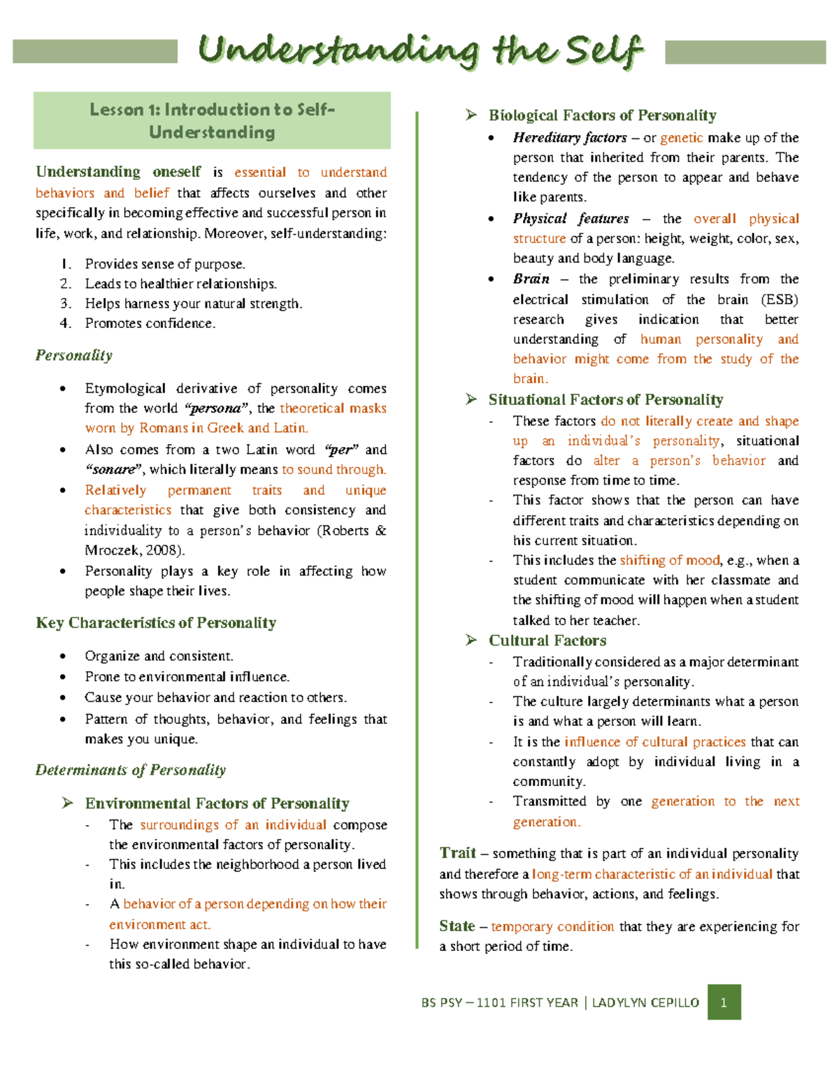 UTS Midterm Review: Understanding the Self - BSPSY 1101 - Studocu