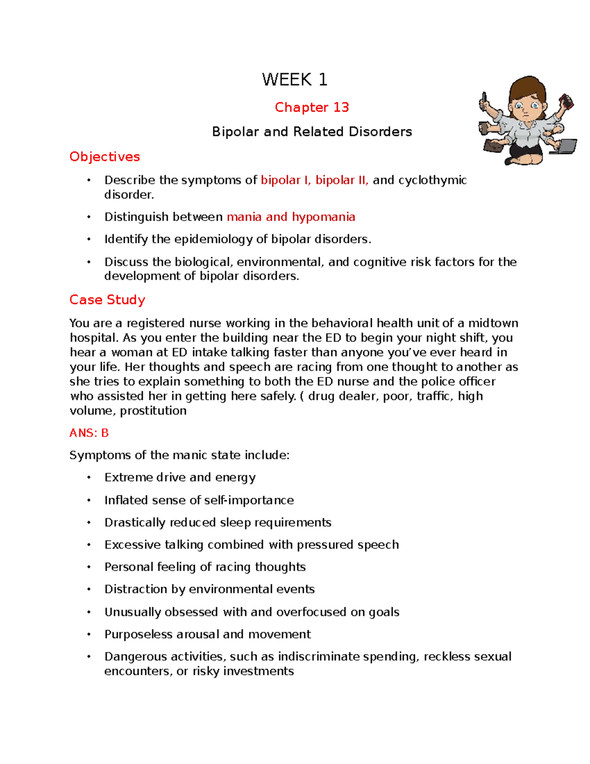 Week 1 201 - Chapter 13: Bipolar & Related Disorders Overview - Studocu