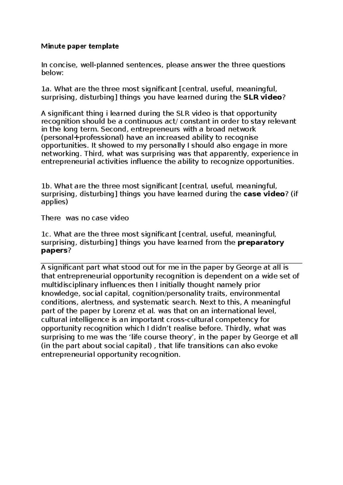 Minute Paper for Week 2: Insights on Opportunity Recognition - Studeersnel
