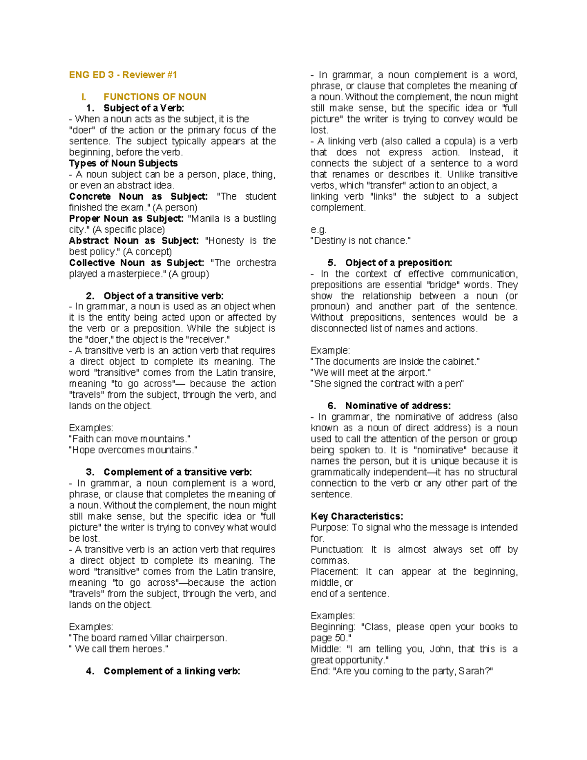 ENG ED 3 Functions of Nouns: A Comprehensive Reviewer - Studocu