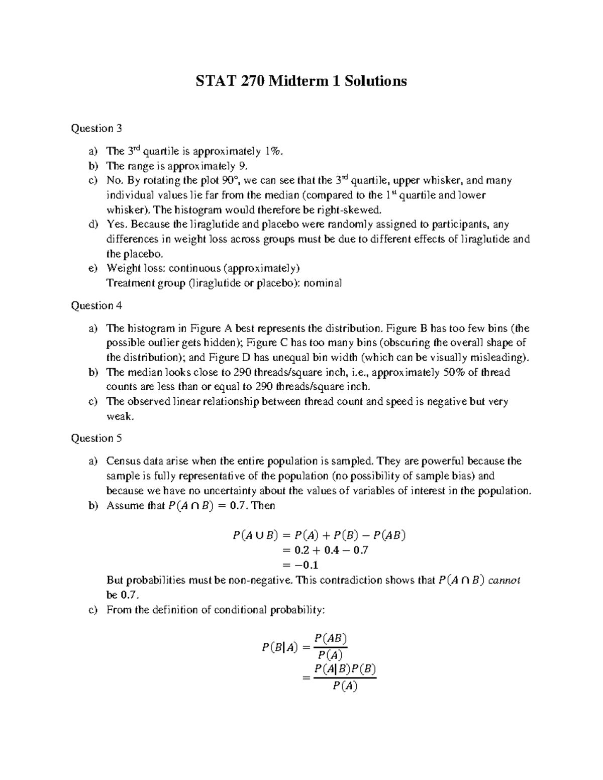 STAT 270 Midterm 1 Solutions and Explanations - Studocu