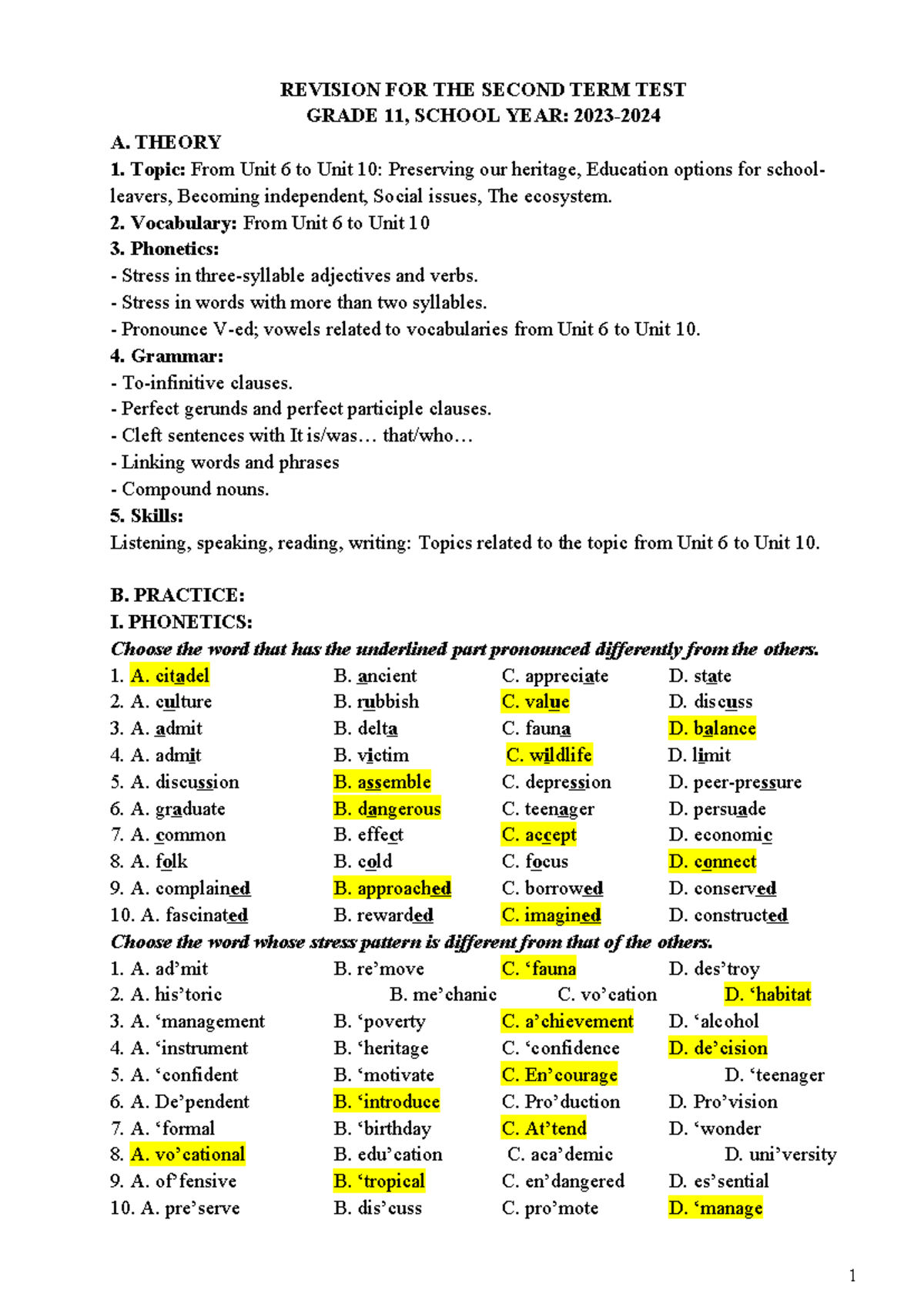DE Cuong 11 CHK2 - Revision for Second Term Test Grade 11 - Studocu