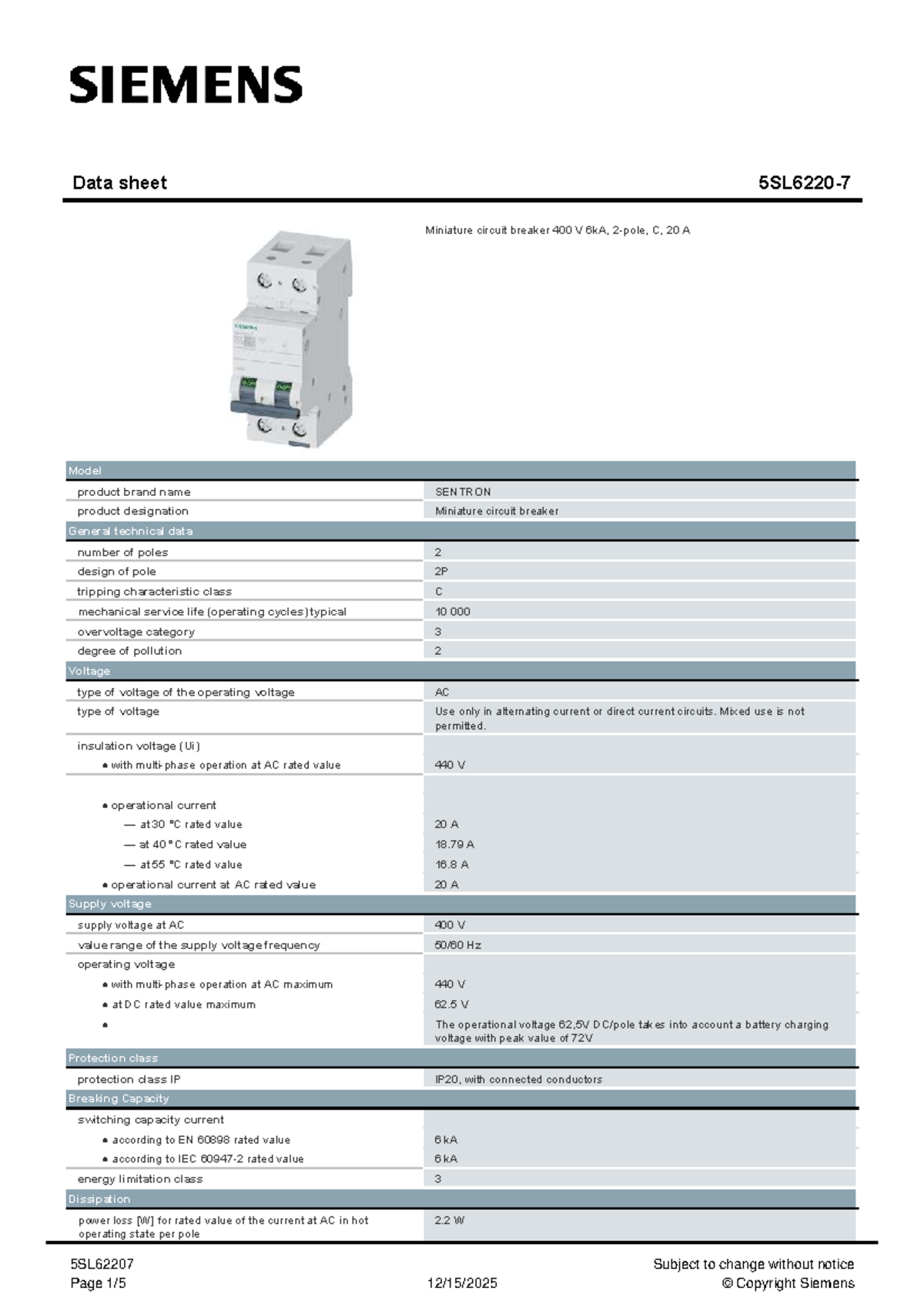 5SL62207 Miniature Circuit Breaker Datasheet - SENTRON 400V 20A - Studocu