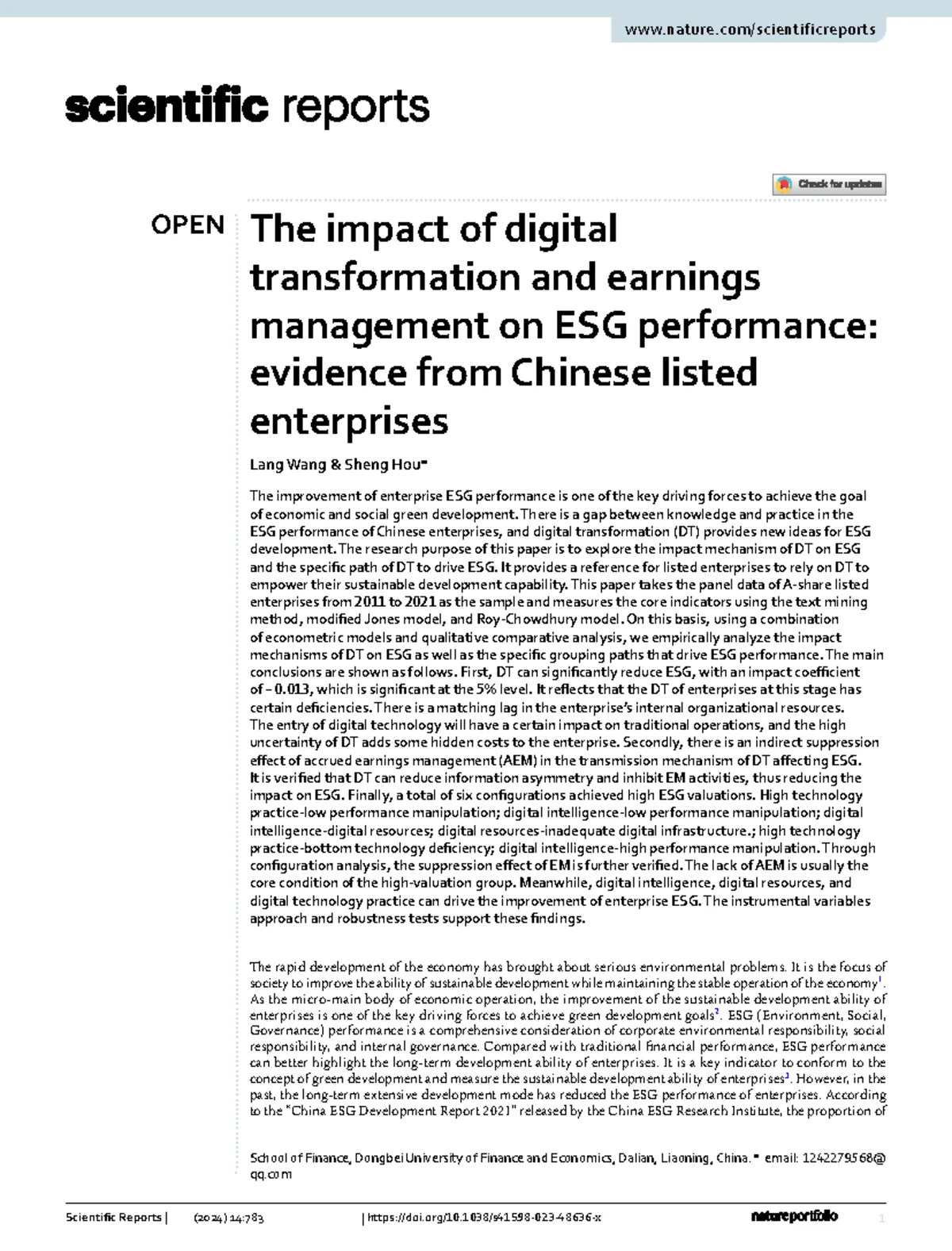The impact of ERP Utilization and ESG Practices on Earnings Management ...
