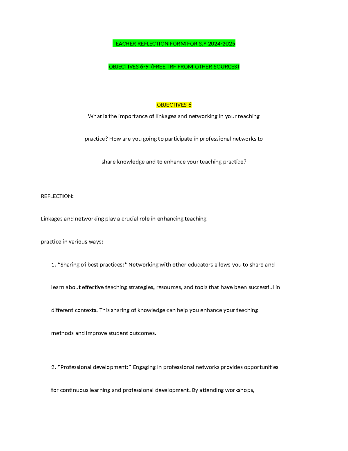 Teacher Reflection Form for S.Y: Enhancing Teaching Practice and Ethics ...