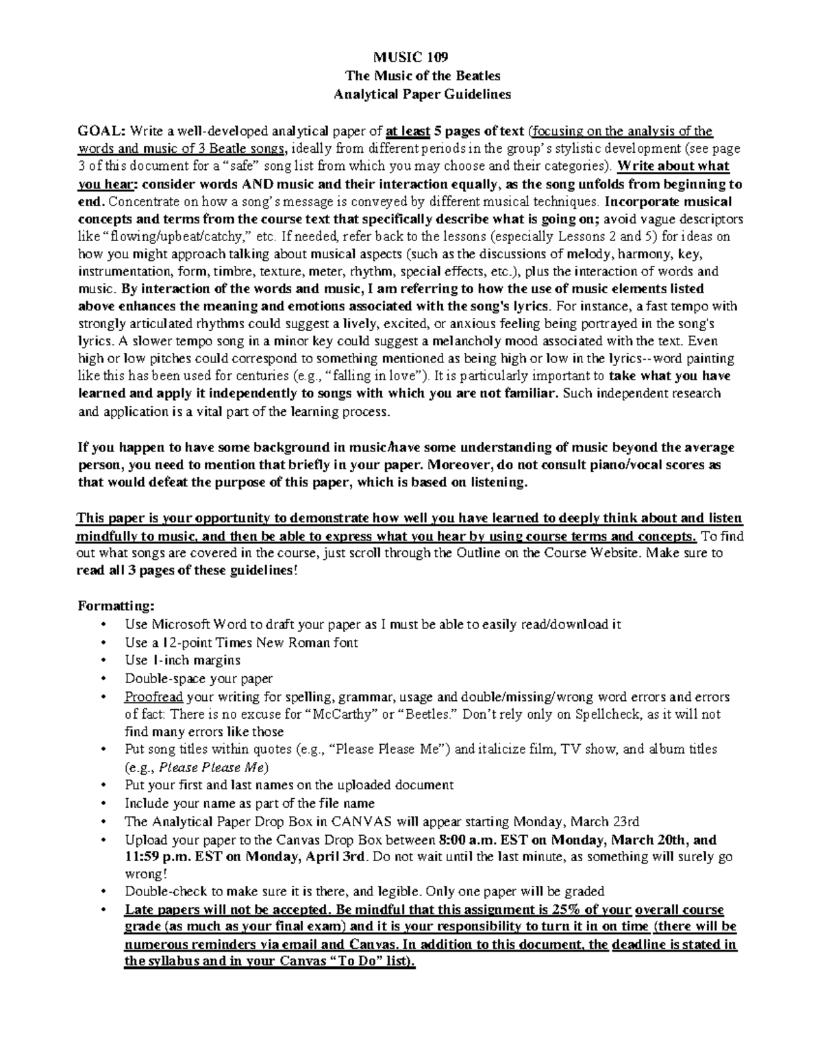 MUSIC 109 Beatles Analytical Paper Guidelines for Spring 2023 - Studocu