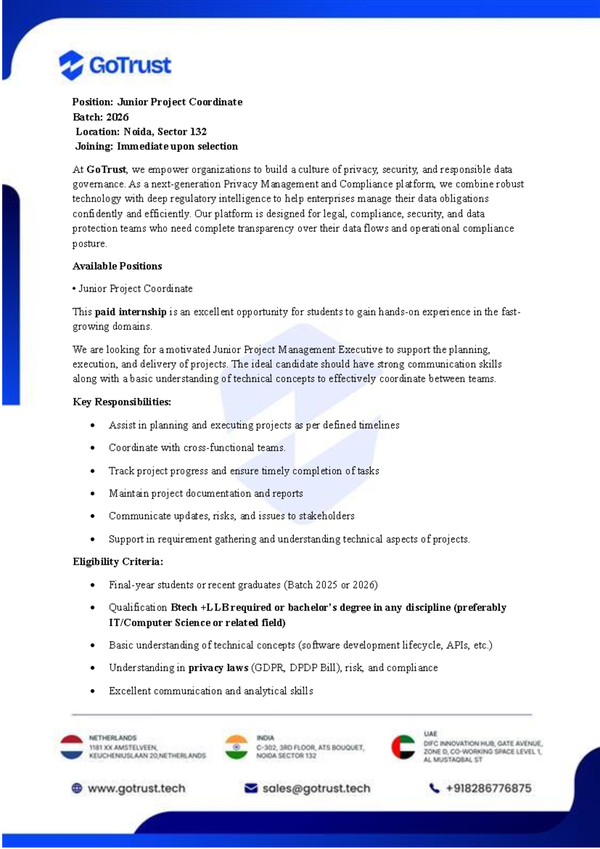 GoTrust JD: Junior Project Coordinator Internship - Batch 2026 - Studocu