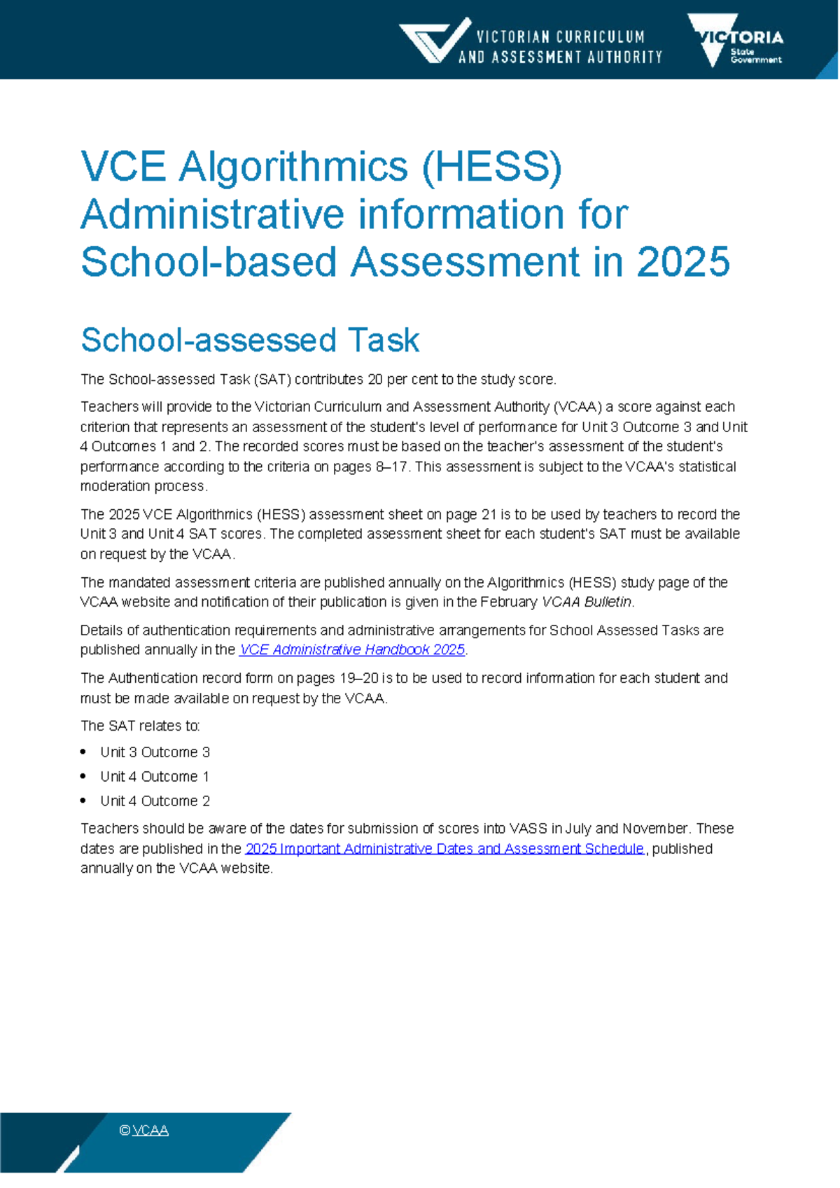 VCE Algorithmics (HESS) 2025 Assessment Administrative Info & Task ...