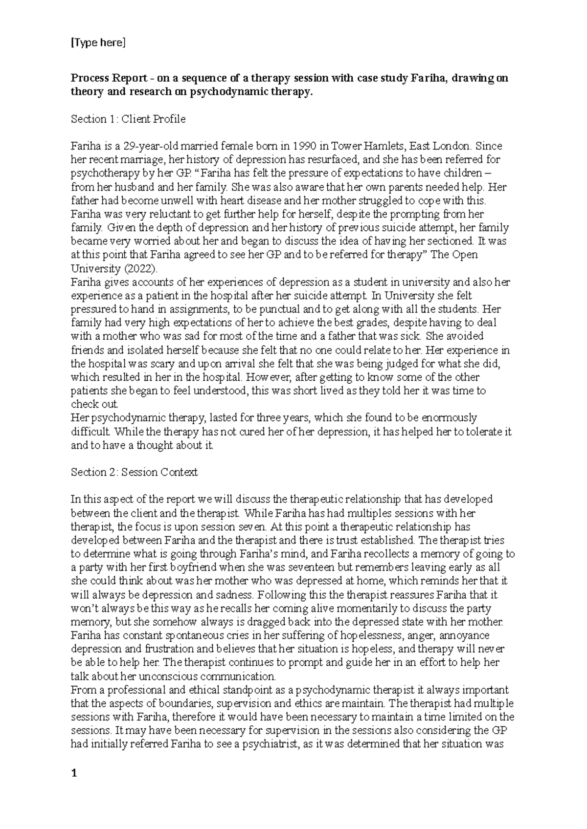 TMA 04 D241-22J - Process Report on Fariha's Psychodynamic Therapy ...