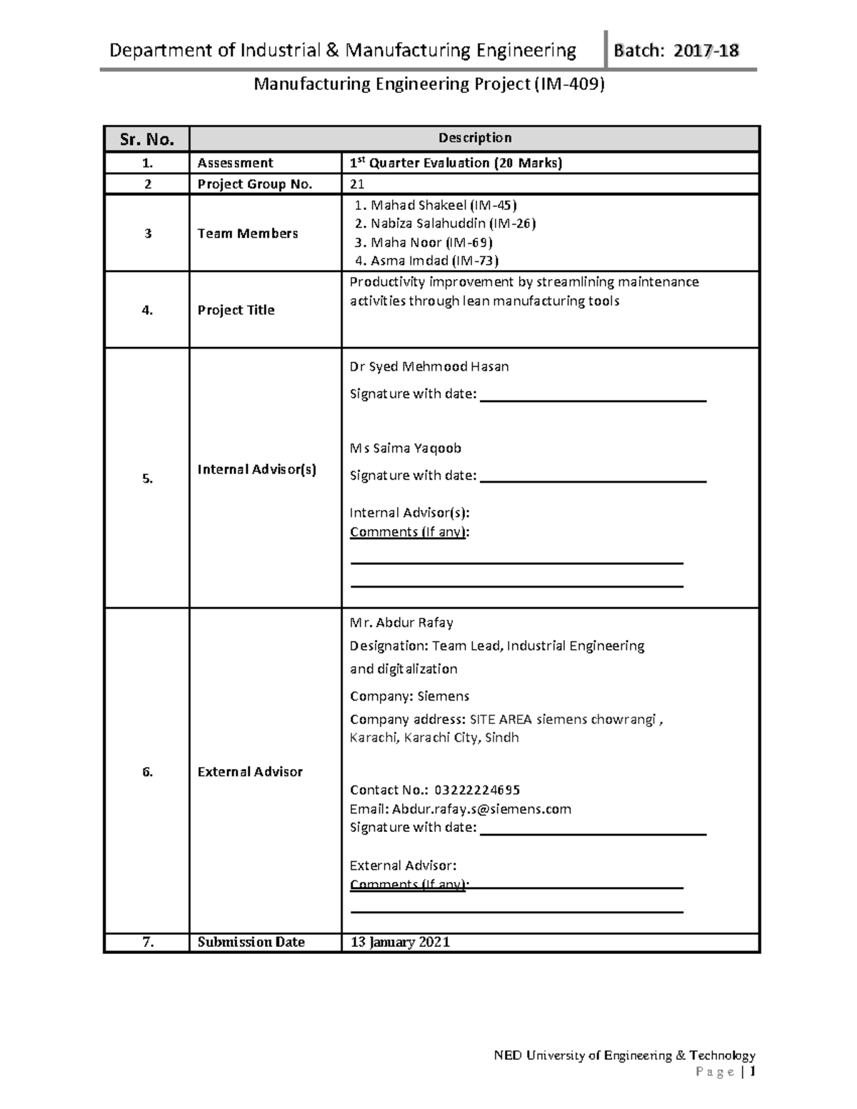 Final Evaluation Report: Productivity Improvement in IM-409 Project ...