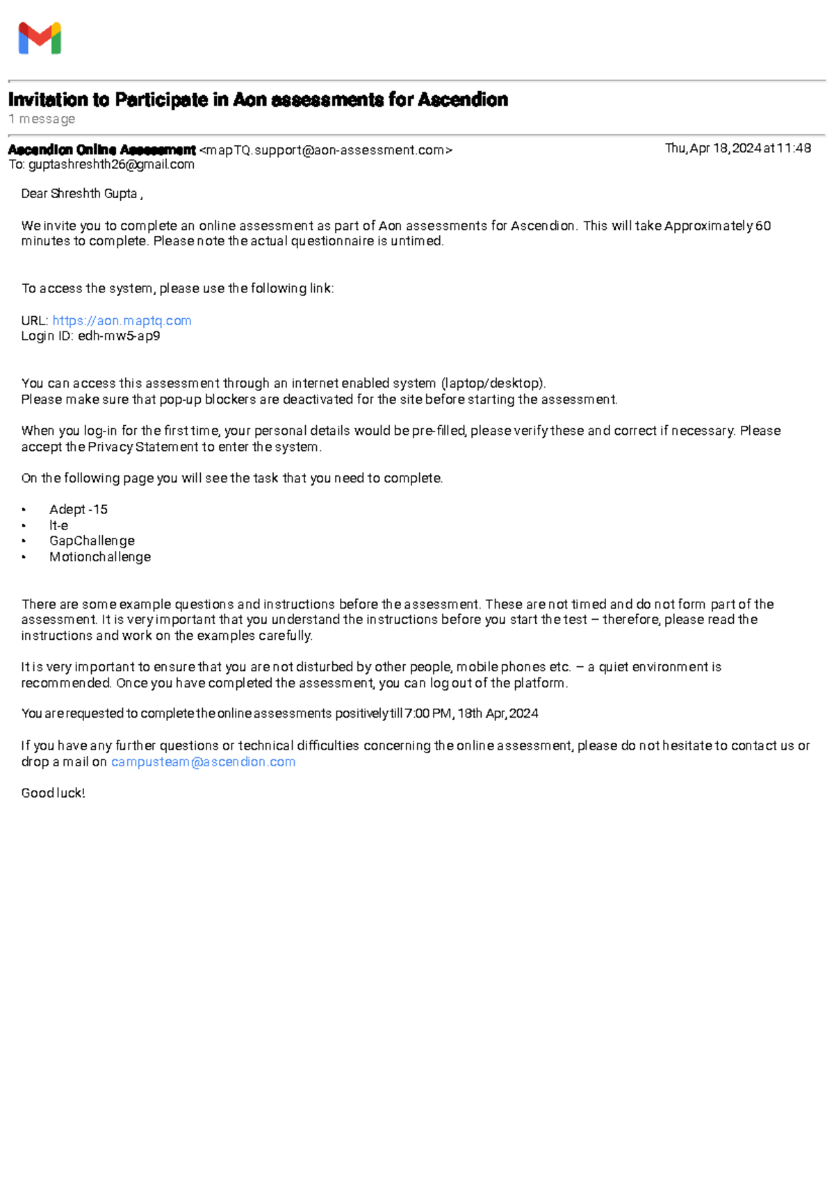 Aon Online Assessments Invitation for Ascendion Candidates - Studocu