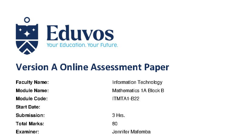 ITMTA1 Mathematics 1A Online Assessment Version A 2022 - Studocu