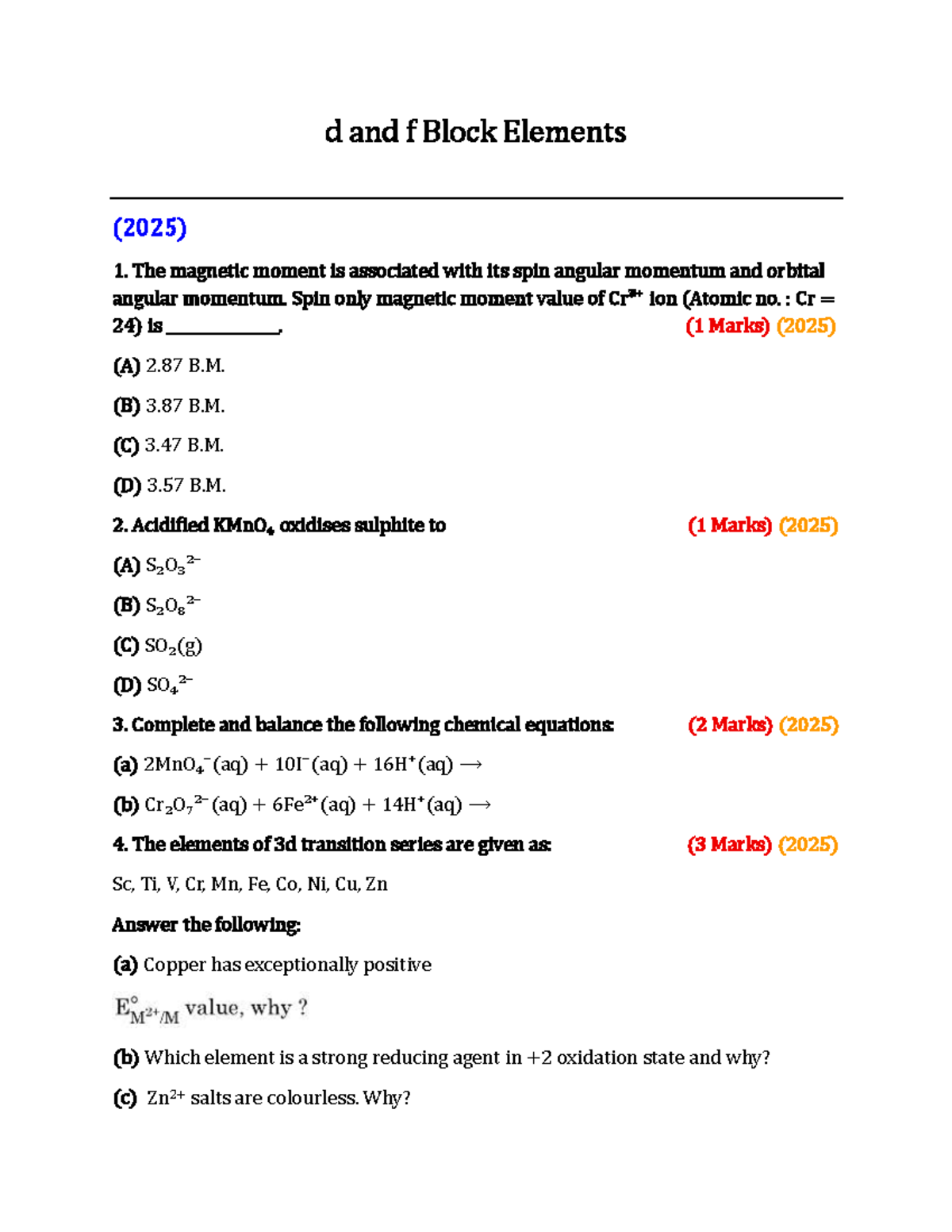 d and f Block Elements Quiz (2025) - Studocu