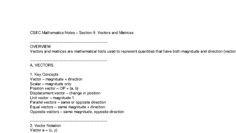 CSEC Mathematics Notes: Vectors & Matrices Overview - Studocu