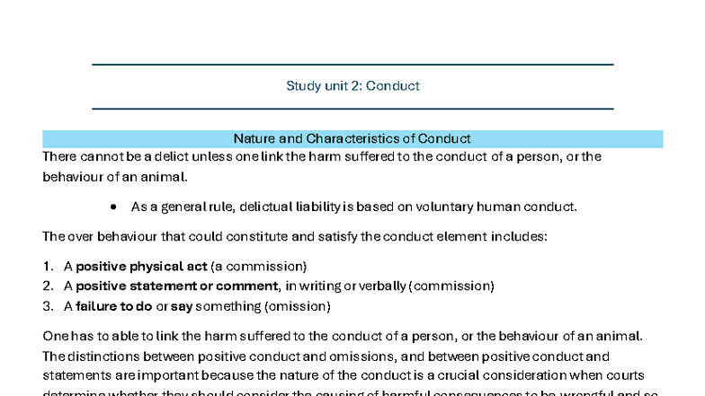 IURI273 Study Unit 2: Nature and Characteristics of Conduct - Studocu