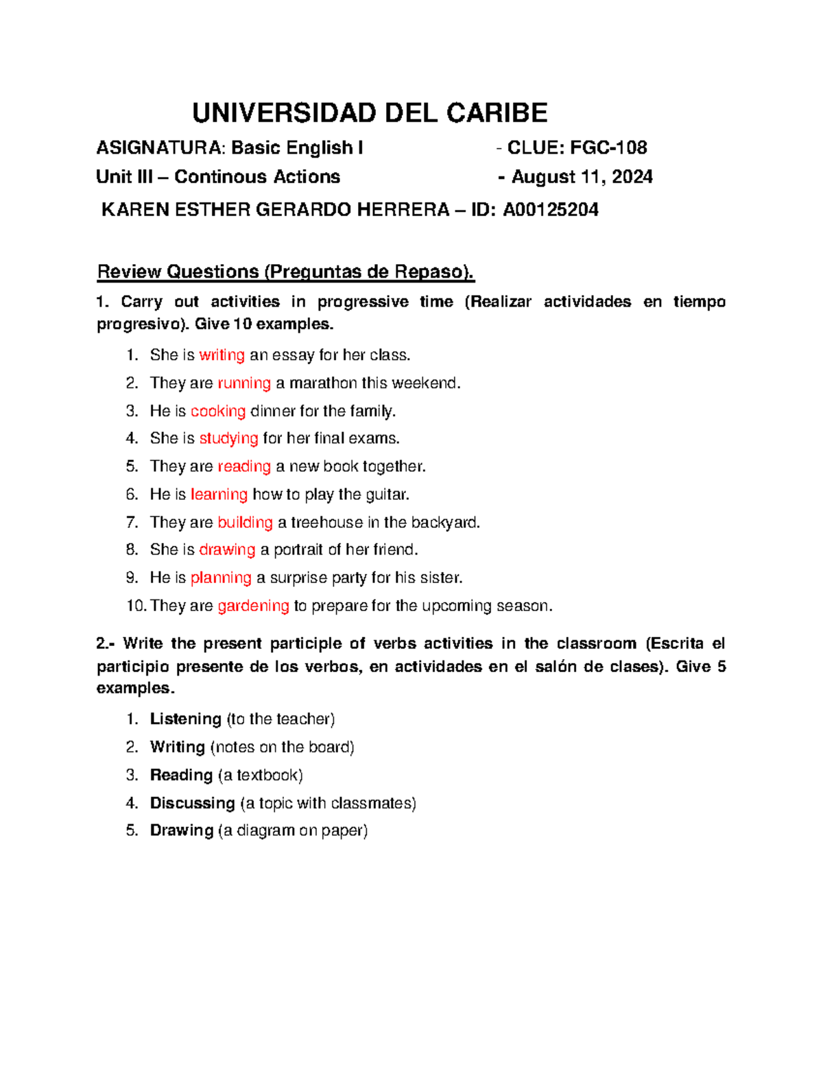 Repaso Unidad III: Acciones Continuas - English I (FGC-108) - Studocu