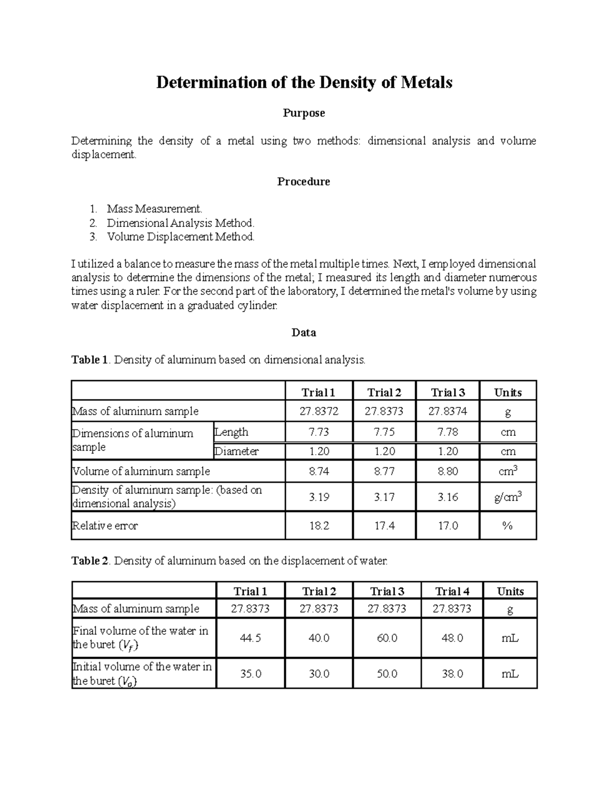 1 - Determination of the Density of Metals - Determination of the ...