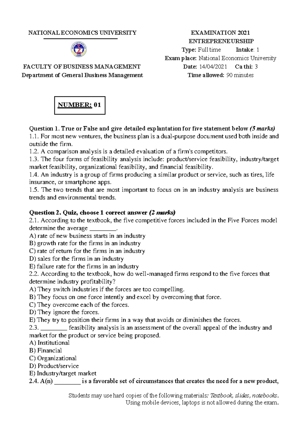 No 1. MODEL TEST FINAL - Students may use hard copies of the following ...