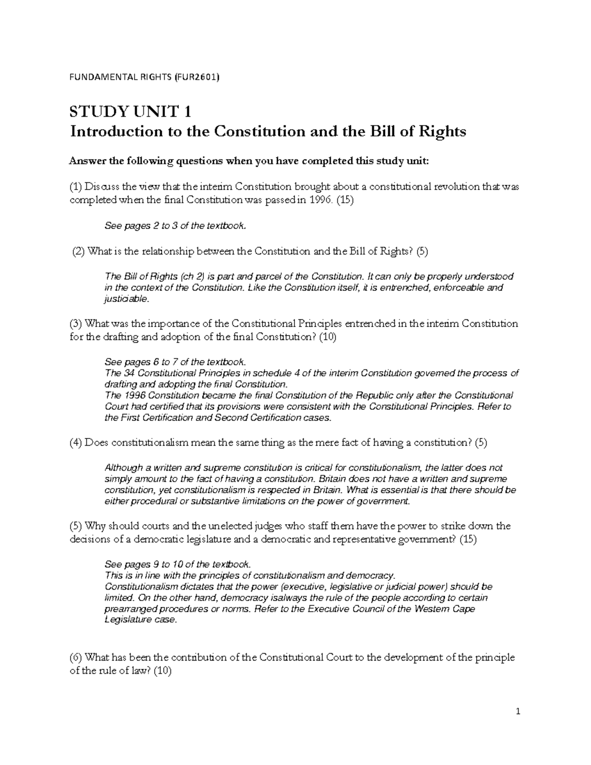 FUR2601 Notes summary - FUNDAMENTAL RIGHTS (FUR2601) STUDY UNIT 1 1 ...