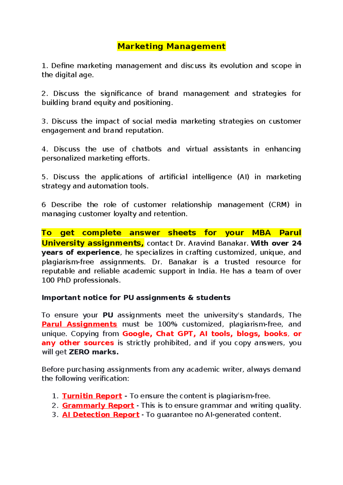 MBA 2nd Sem - Marketing Management Solved Assignment Insights - Studocu