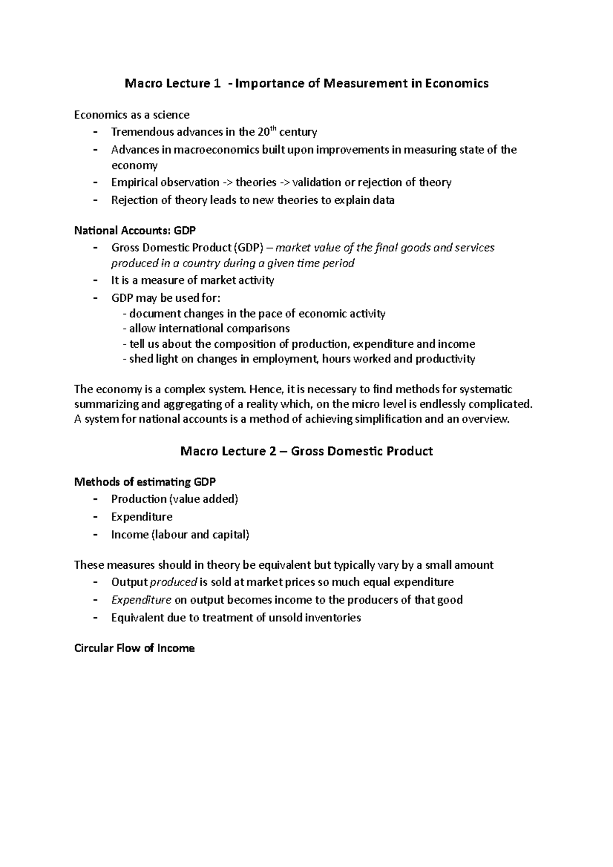 Macro Notes - Macro Lecture 1 - Importance of Measurement in Economics ...