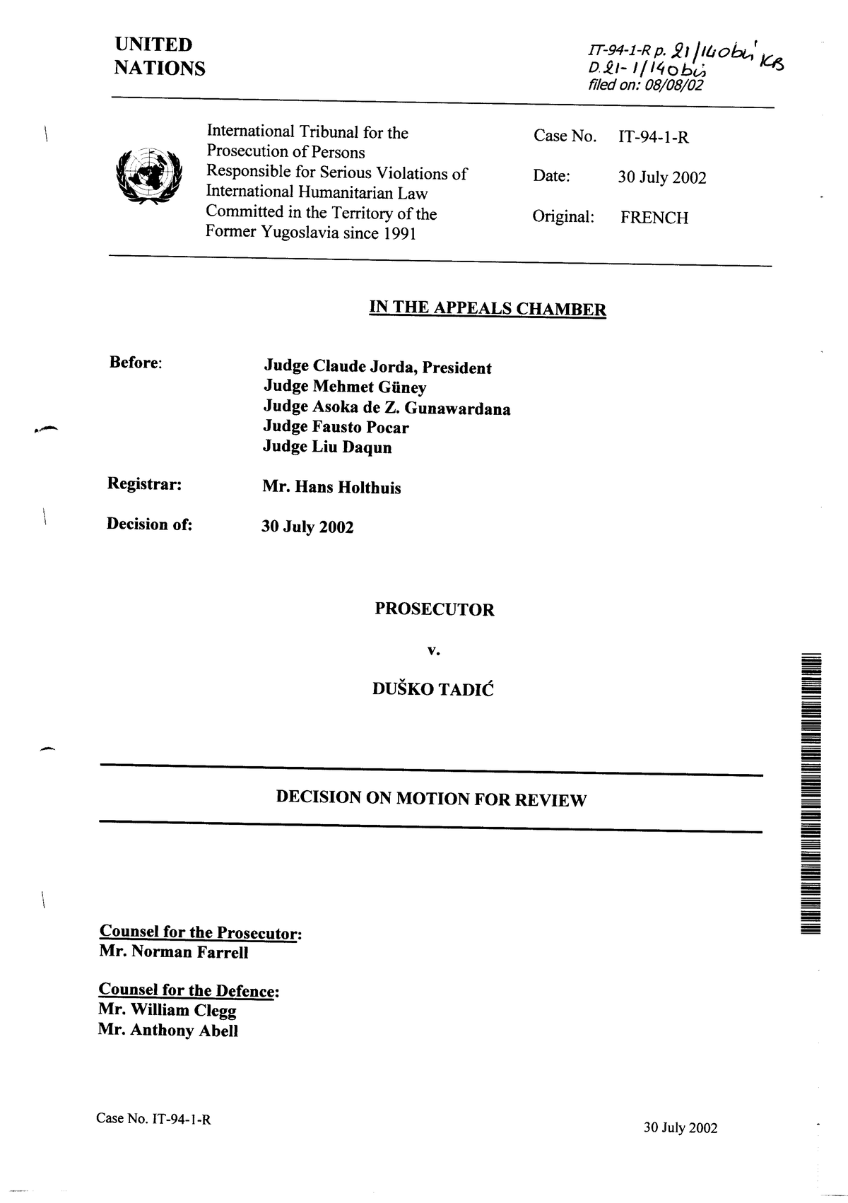Prosecutor v. Dusko Tadic: Decision on Motion for Review (Case No. 30 ...