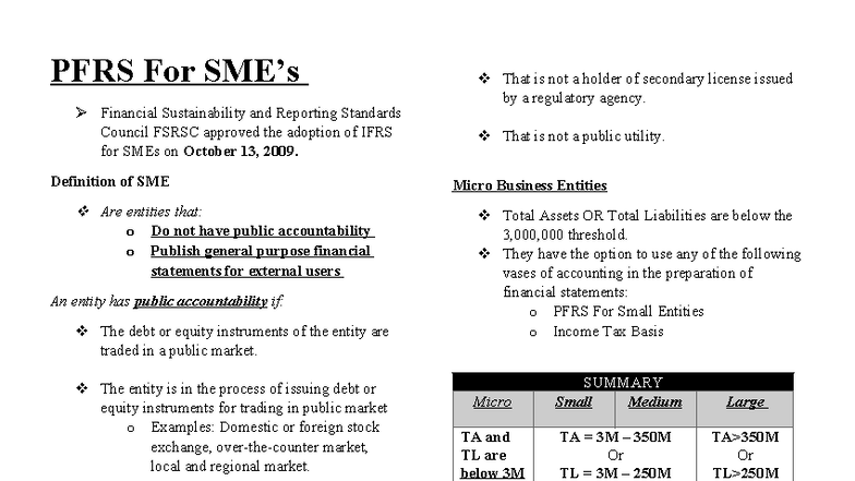 PFRS for SMEs: Quick Notes on Financial Sustainability Standards - Studocu