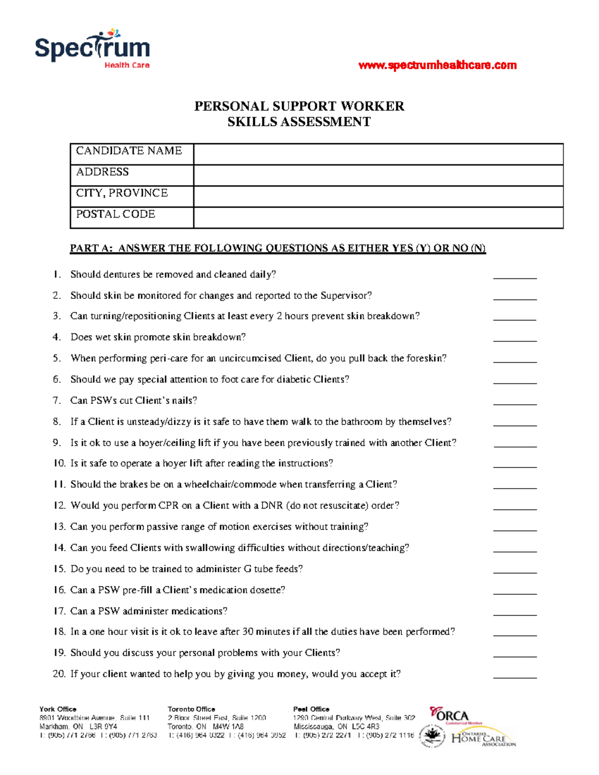 PSW Skills Assessment & Availability Form for New Hire Orientation ...
