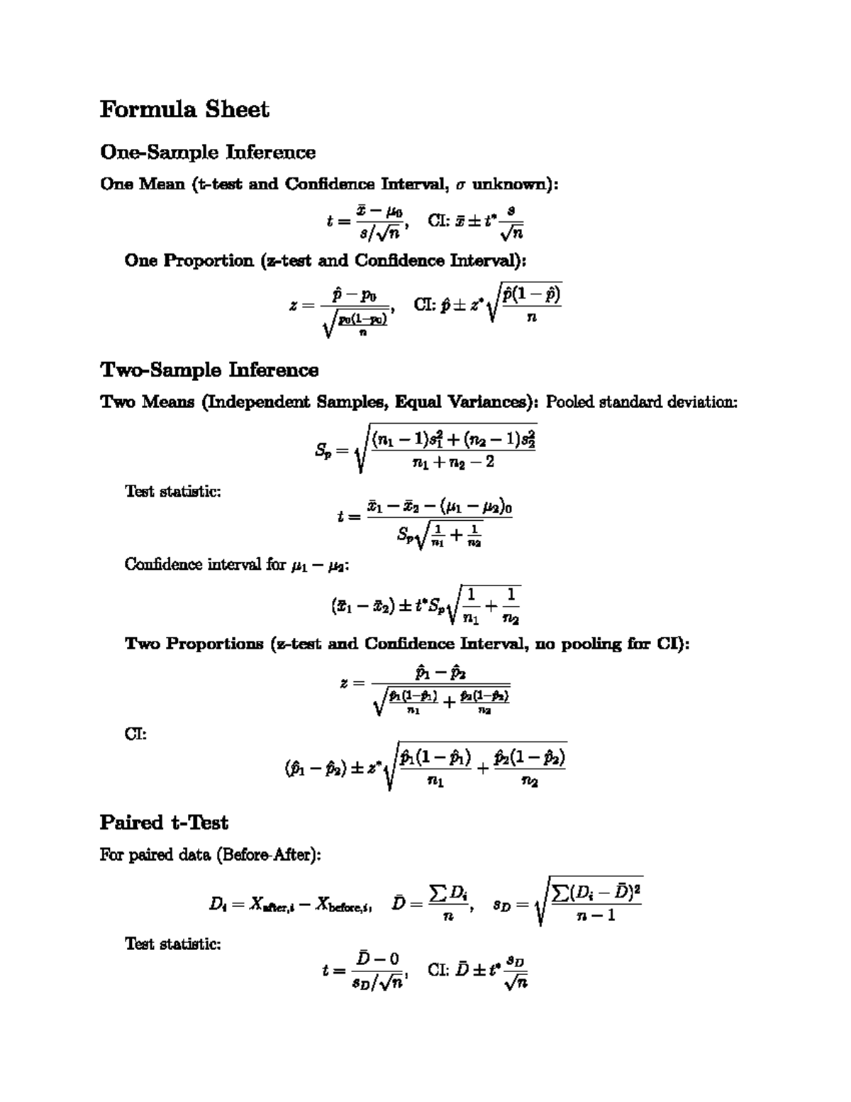 MATH 1910 - Linear Algebra - Formula Sheet Inference One Mean and ...