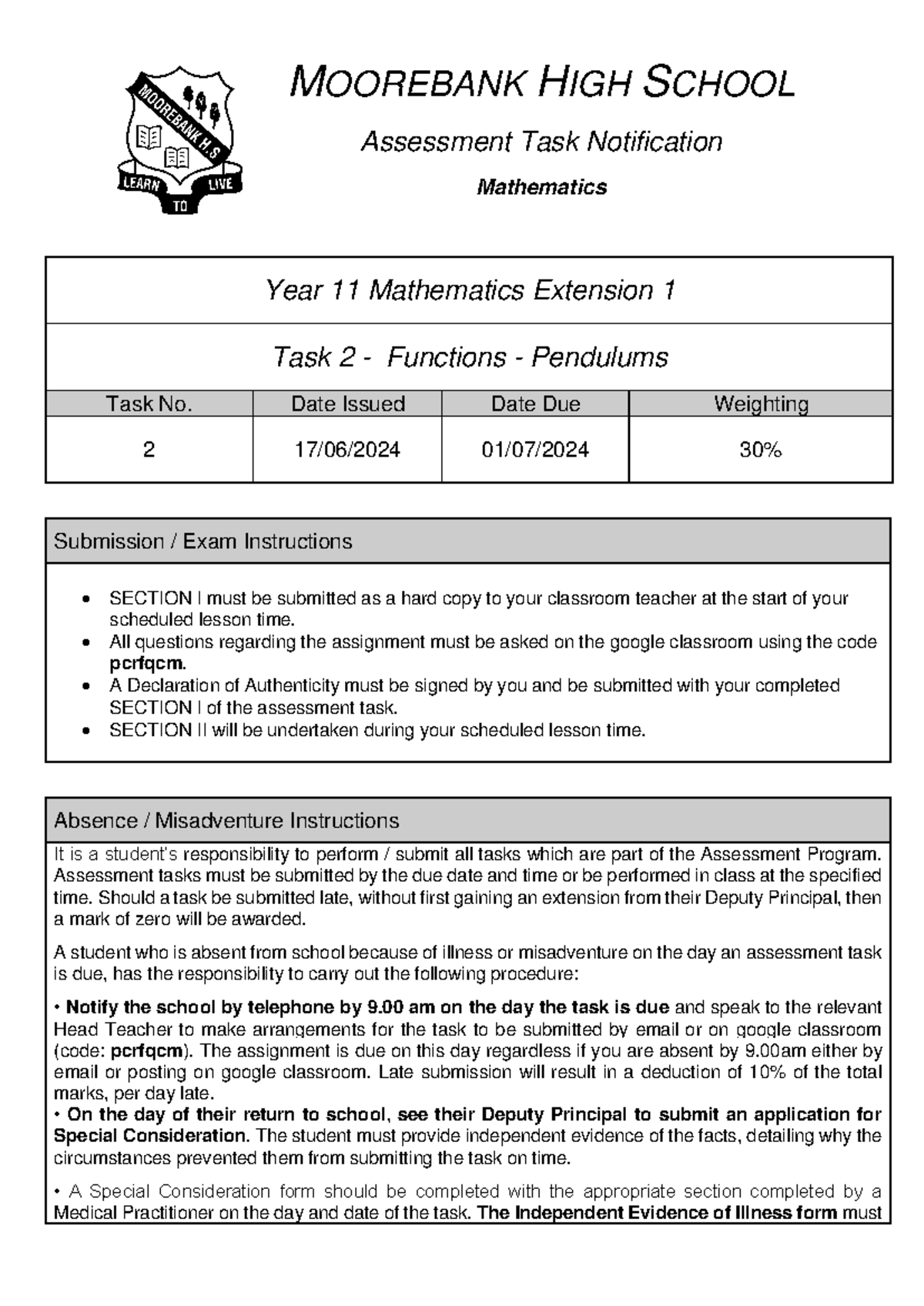 2024 Yr 11 Mathematics Ext 1 - Task 2: Pendulum Assignment - Studocu