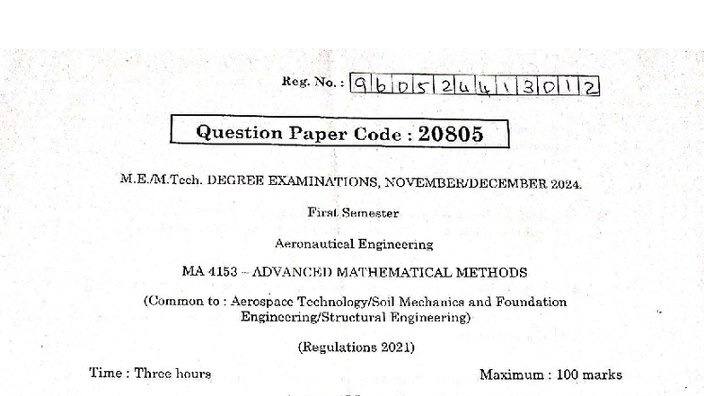 MA 4153 Advanced Mathematical Methods Exam Paper - 2024 - Studocu