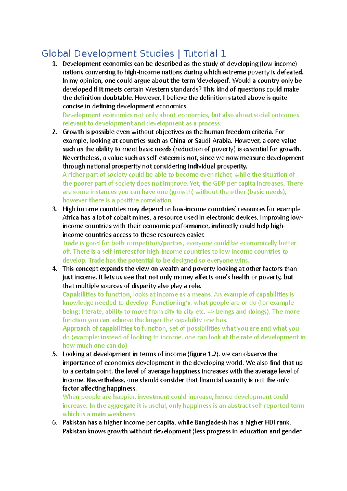 Global Development Studies - Tutorial 1 Insights and Analysis - Studeersnel
