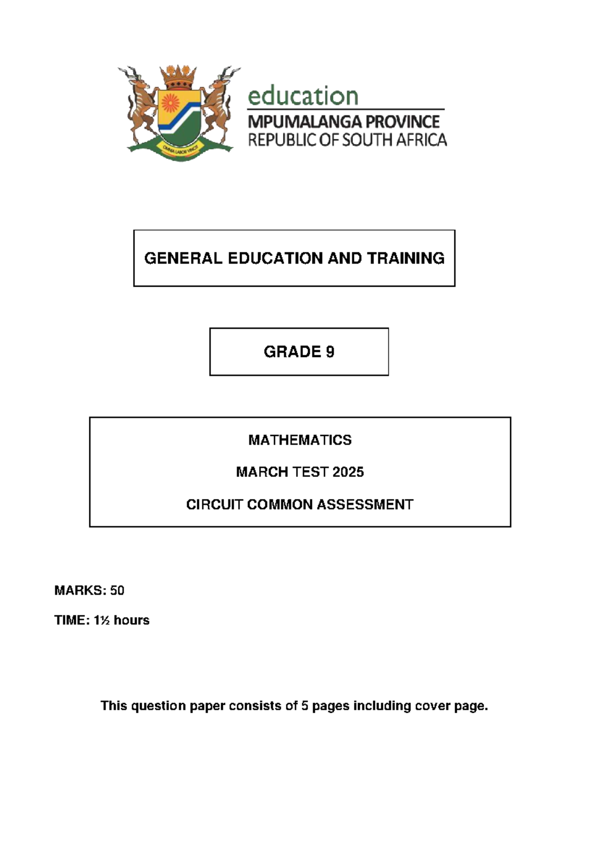 G9 GET March 2025 Mathematics Test Assessment - Studocu