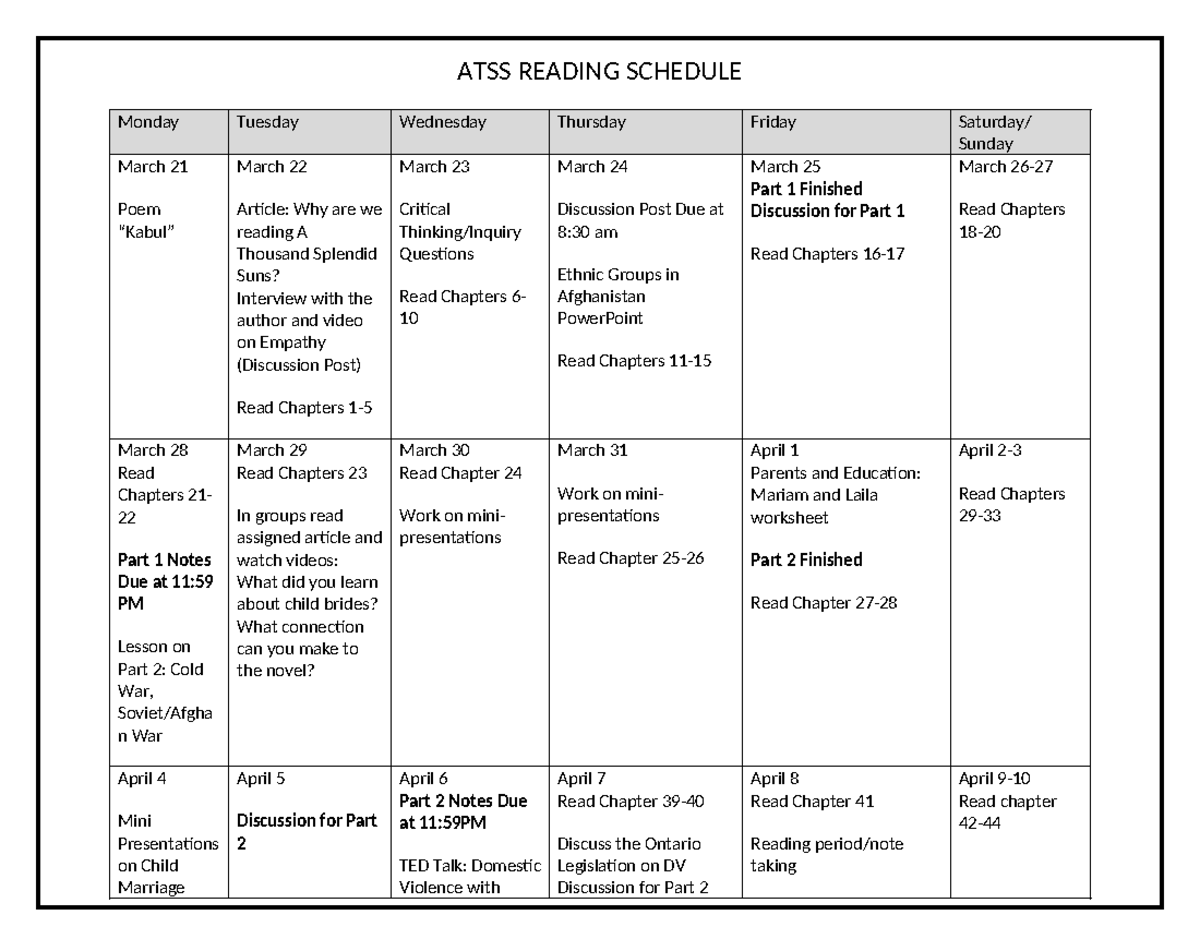 ATSS Reading Schedule & Assignments Overview for 2022 - Studocu