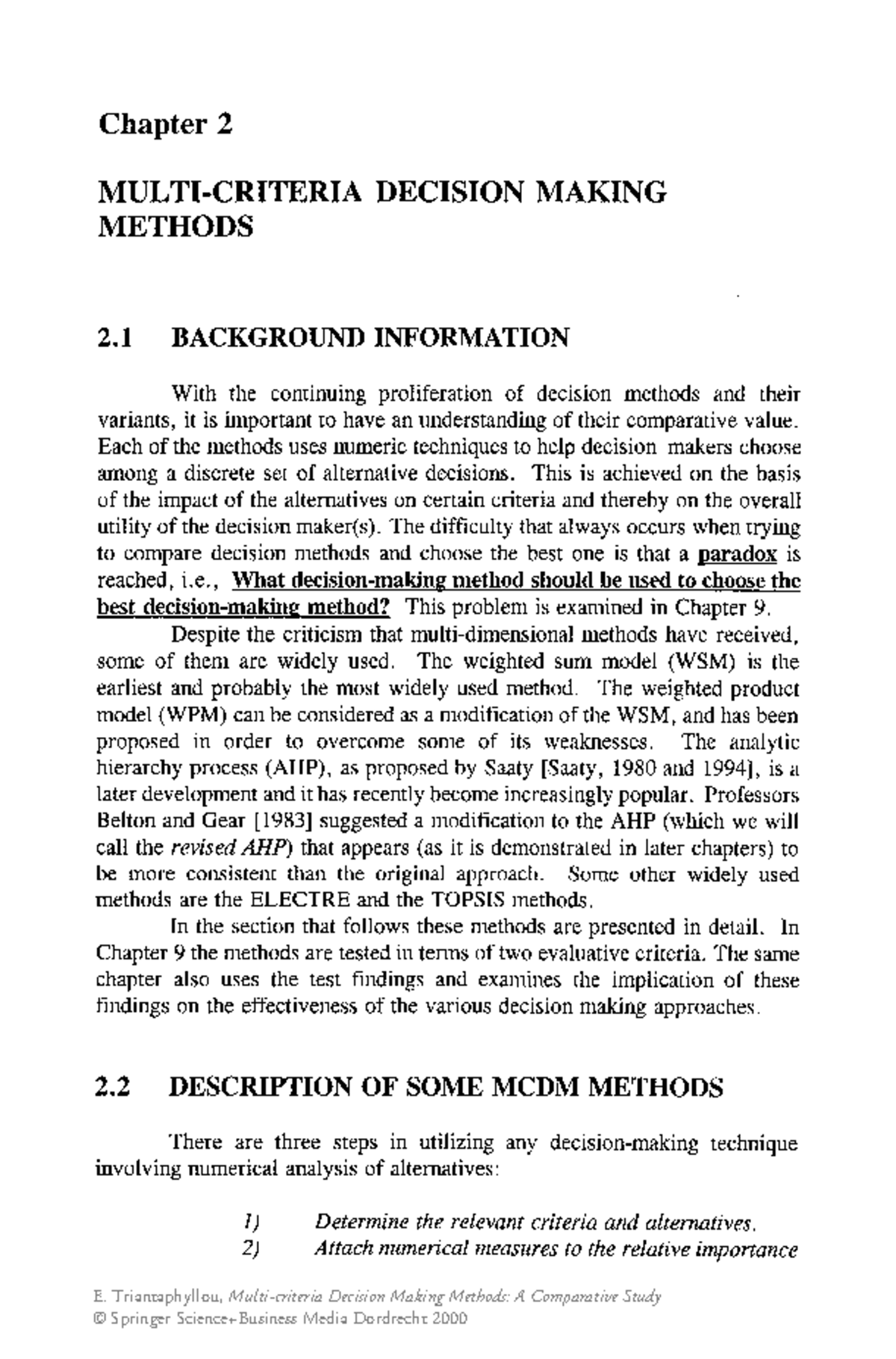 Chapter 2: Decision Making Methods in MCDM (WSM, WPM, AHP, TOPSIS ...