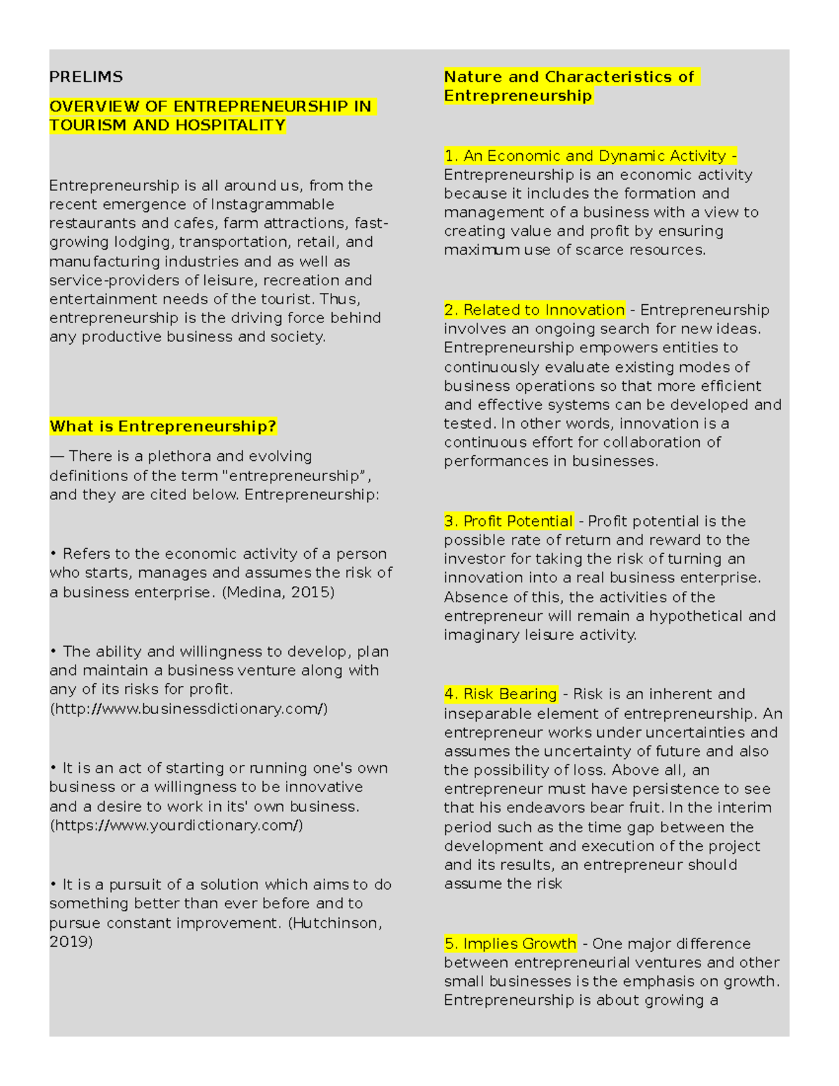 ENTH- Prelims Reviewer: Entrepreneurship in Tourism & Hospitality - Studocu