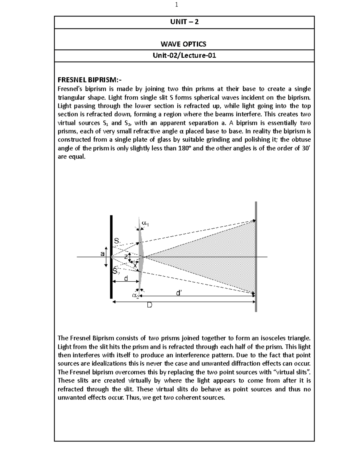 BE 201 Lecture Notes: Wave Optics and Fresnel Biprism Concepts - Studocu
